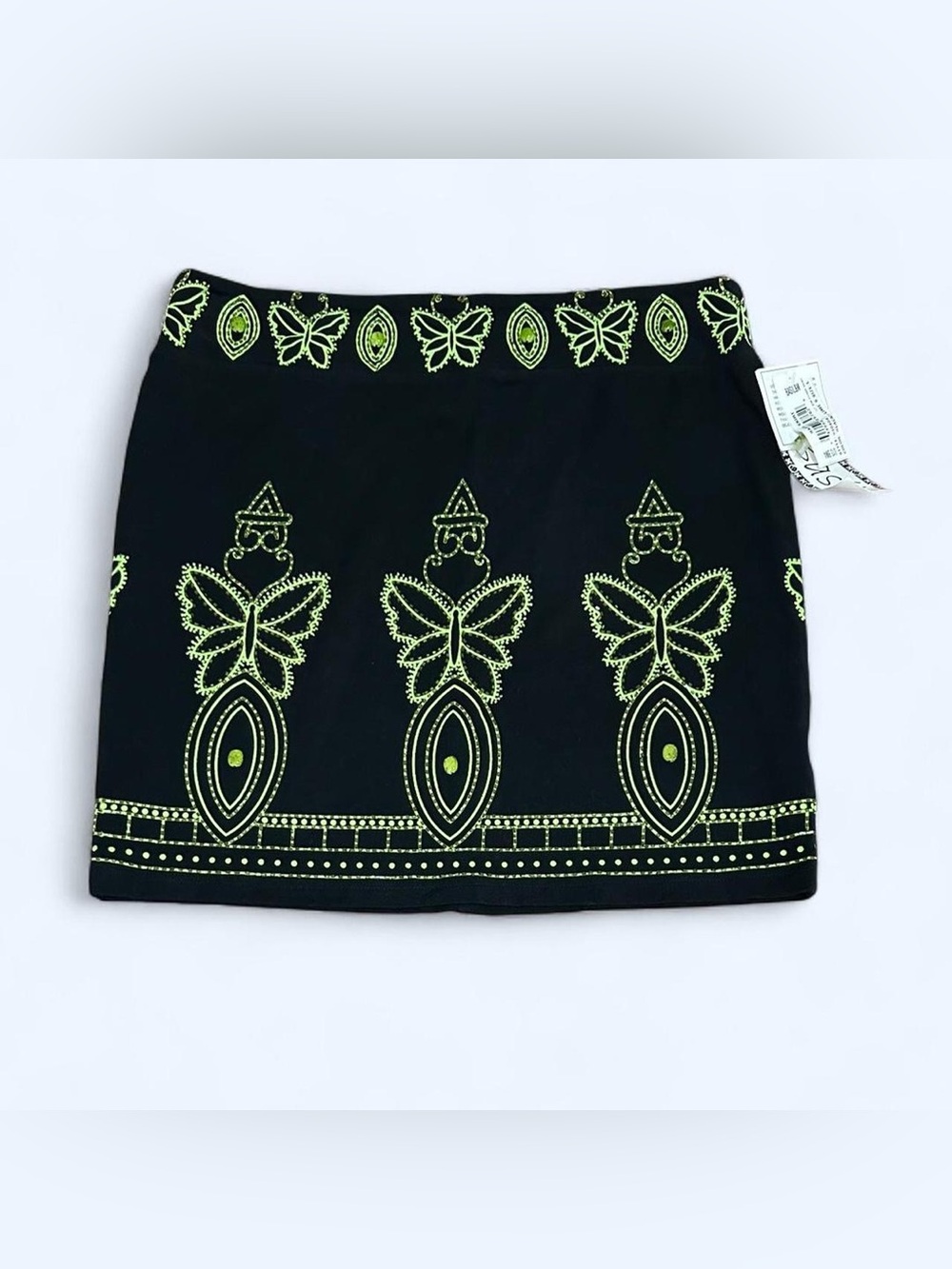 Black Mini Skirt with Neon Green Embroidered Butterfly Detail
